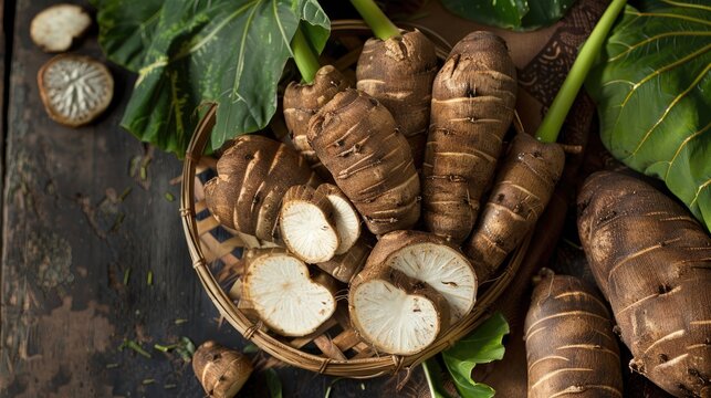 Taro root also known as Colocasia esculenta is a dietary mainstay in African Oceanic and South Asian societies