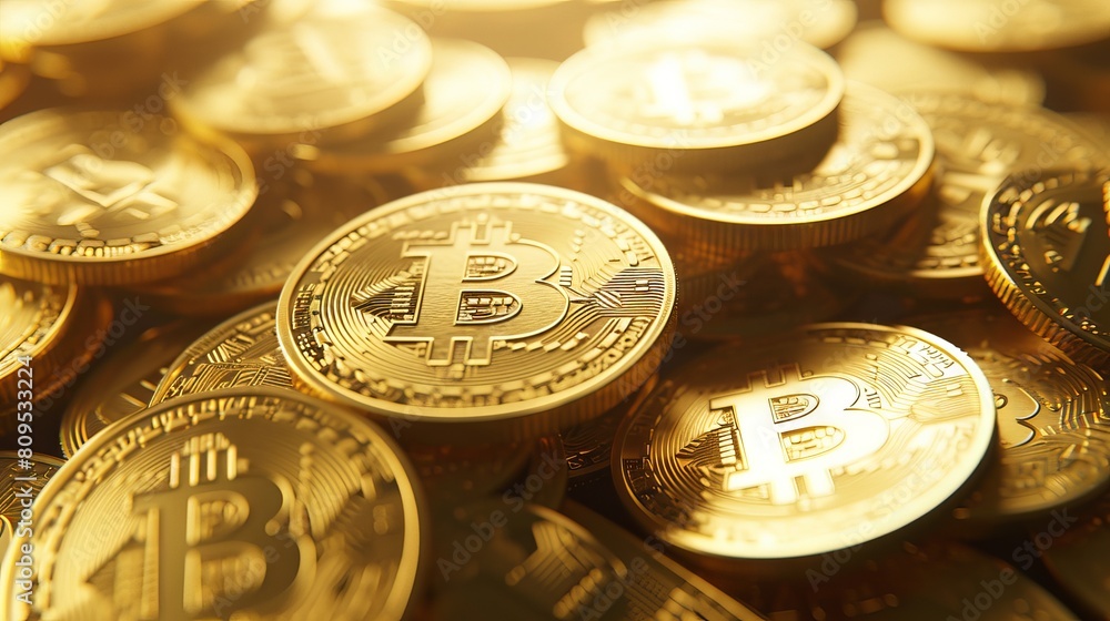 Poster digital gold: bitcoin cryptocurrency concept with shining coins on a futuristic decentralized financ