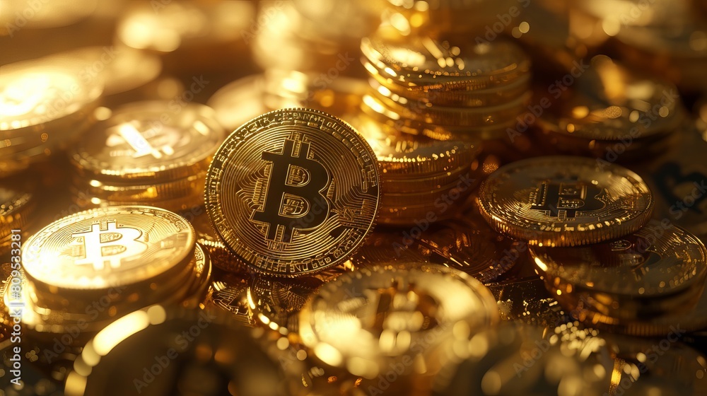 Poster digital gold: bitcoin cryptocurrency concept with shining coins on a futuristic decentralized financ
