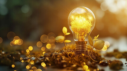 Gold Bulb ideas with gold graph growing up vector. Use ideas for adding value concept.