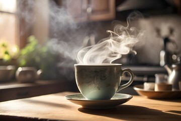 A steaming cup of tea, with delicate swirls of steam rising from the surface, set against a backdrop of a cozy, sunlit kitchen.
