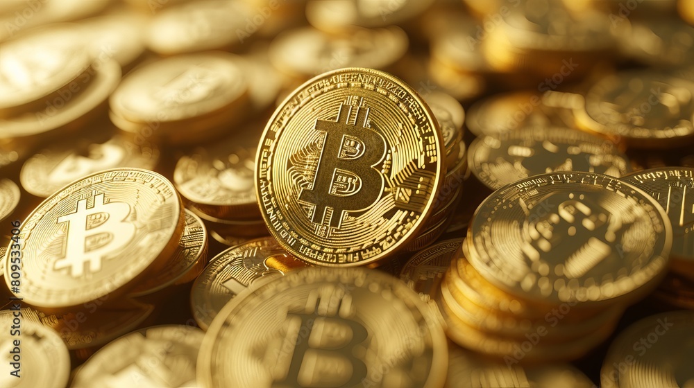 Poster digital gold: bitcoin cryptocurrency concept with shining coins on a futuristic decentralized financ