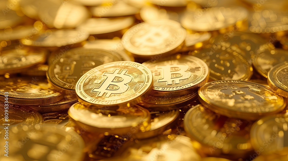 Poster digital gold: bitcoin cryptocurrency concept with shining coins on a futuristic decentralized financ