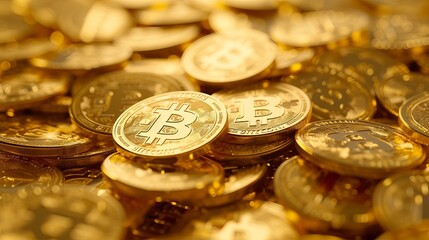 Digital gold: bitcoin cryptocurrency concept with shining coins on a futuristic decentralized finance background - High-quality 3d rendering