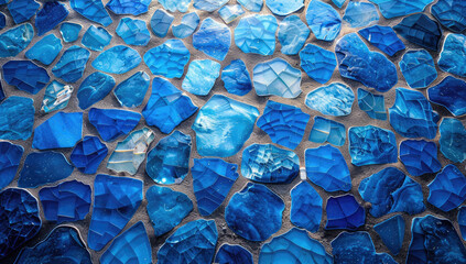  Blue mosaic background, blue glass texture, blue tile wall, blue patterned background. Created with Ai