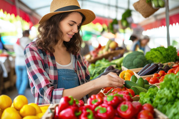 A woman examining fresh produce at a farmers' market, surrounded by colorful fruits and vegetables