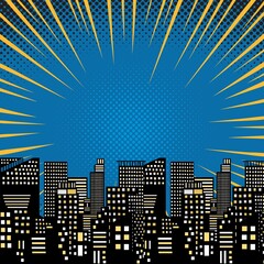 Comic book style cityscape pop art, Comic template, cartoon superhero page layout, comic scene, Tall skyscrapers of saturated and bright color © FyfaMetarial