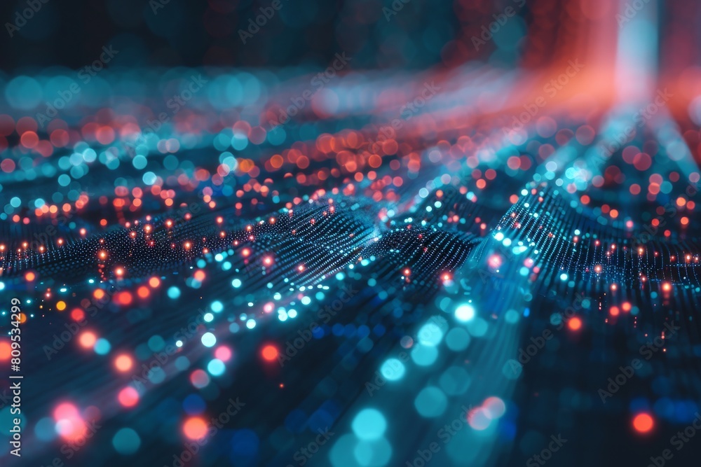 Poster Data flow concept background, Network security, Wave of dots, and weave lines. Abstract Background for design on the topic of cyberspace, AI generated