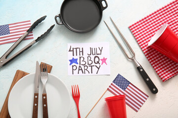 Card with text 4th JULY BBQ PARTY, barbecue utensils and dinnerware on light background....