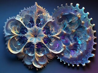 Illustrate a holographic Julia set, a fractal formed by iterating complex numbers under a specific function, creating visually captivating patterns with intricate details.