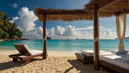 Tropical beach background as summer landscape with lounge chairs, palm trees and calm sea for beach