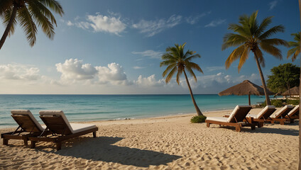 Tropical beach background as summer landscape with lounge chairs, palm trees and calm sea for beach