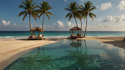 Tropical beach background as summer landscape with lounge chairs, palm trees and calm sea for beach