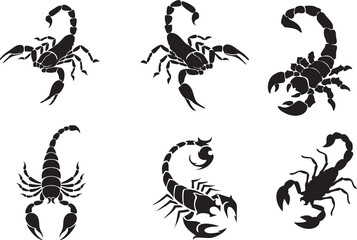 Scorpions in high quality images. Set of Scorpion Silhouette for tattoo and designing poster or banner. Symbol of protection, transformation, independence, solitude and intelligence. 