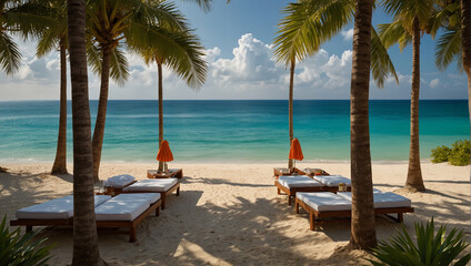 Tropical beach background as summer landscape with lounge chairs, palm trees and calm sea for beach