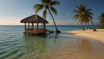 Tropical beach background as summer landscape with lounge chairs, palm trees and calm sea for beach
