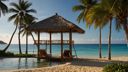 Tropical beach background as summer landscape with lounge chairs, palm trees and calm sea for beach