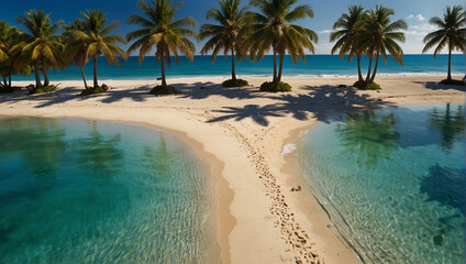 Tropical beach background as summer landscape with lounge chairs, palm trees and calm sea for beach