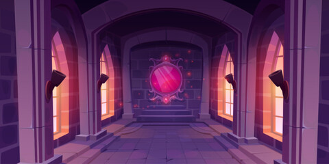 Magic mirror with pink glow and sparkles hanging on wall of castle hall with big windows and torches. Cartoon vector medieval hallway with fantasy mystery portal for fairy tale or game ui design.