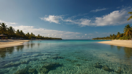 Tropical beach background as summer landscape with lounge chairs, palm trees and calm sea for beach