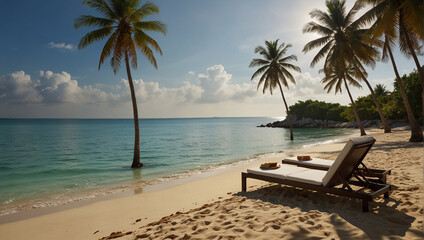 Tropical beach background as summer landscape with lounge chairs, palm trees and calm sea for beach