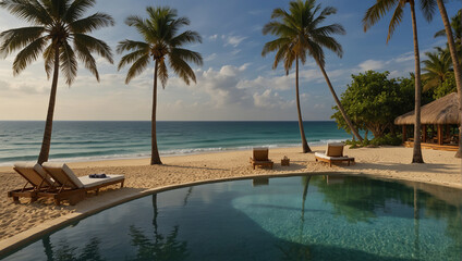 Tropical beach background as summer landscape with lounge chairs, palm trees and calm sea for beach