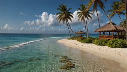 Tropical beach background as summer landscape with lounge chairs, palm trees and calm sea for beach