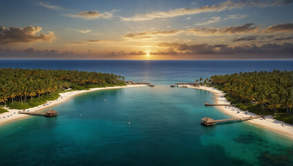 Tropical beach background as summer landscape with lounge chairs, palm trees and calm sea for beach