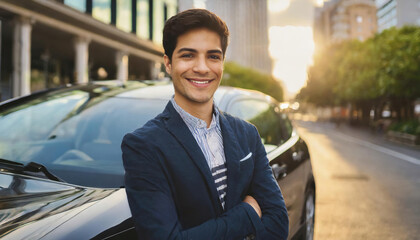  young male standing beside new car