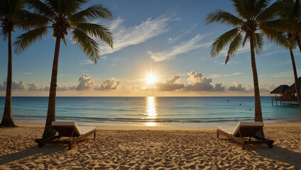 Tropical beach background as summer landscape with lounge chairs, palm trees and calm sea for beach