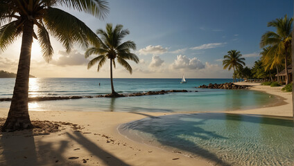 Tropical beach background as summer landscape with lounge chairs, palm trees and calm sea for beach