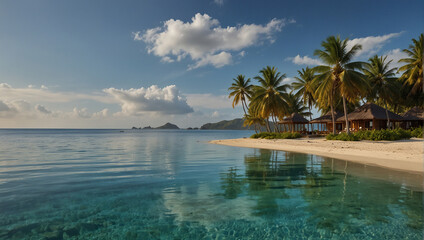 Tropical beach background as summer landscape with lounge chairs, palm trees and calm sea for beach