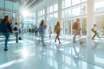 Bright business workplace with people in walking in blurred motion in modern office space