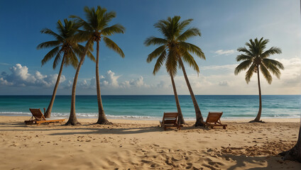 Tropical beach background as summer landscape with lounge chairs, palm trees and calm sea for beach