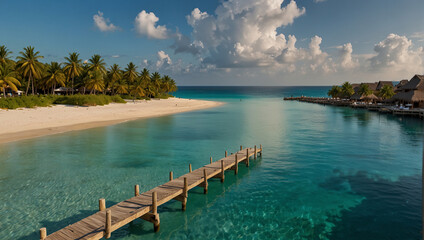 Tropical beach background as summer landscape with lounge chairs, palm trees and calm sea for beach