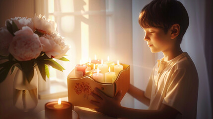 Against pure white, a son presents his mother with creatively shaped box containing candles and peonies by the sunlit window on Mother's Day.