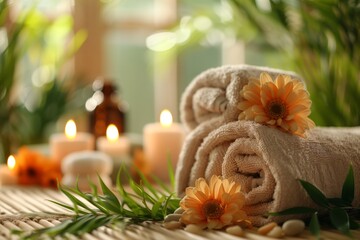 A table adorned with towels, candles, and flowers, creating a serene atmosphere typically found in spas or beauty salons