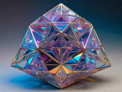 Design a holographic cluster of triakis tetrahedra, with each polyhedron composed of triangular faces, creating a visually intricate arrangement of geometric shapes.
