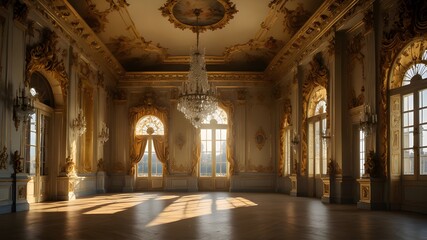 golden ballroom with a large window, large floor in gold palace. Neoclassical style, lavish rococo...