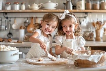 Happy kids baking delicious cookies white modern kitchen background
