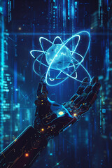 Photo of an AI robot hand holding an atom with its fingers, with a glowing blue energy around the pulsating core.
