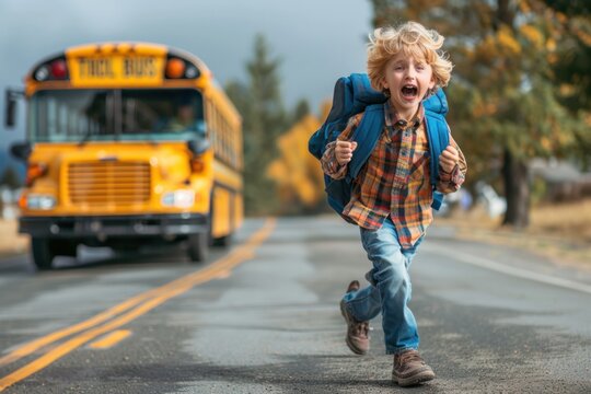 Kid with a funny expression on his face runs late for the school bus