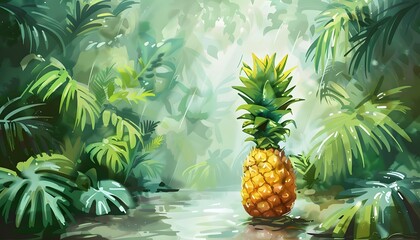 Fototapeta premium A tropical pineapple scene, vibrant and colorful, rendered in cartoon watercolor style