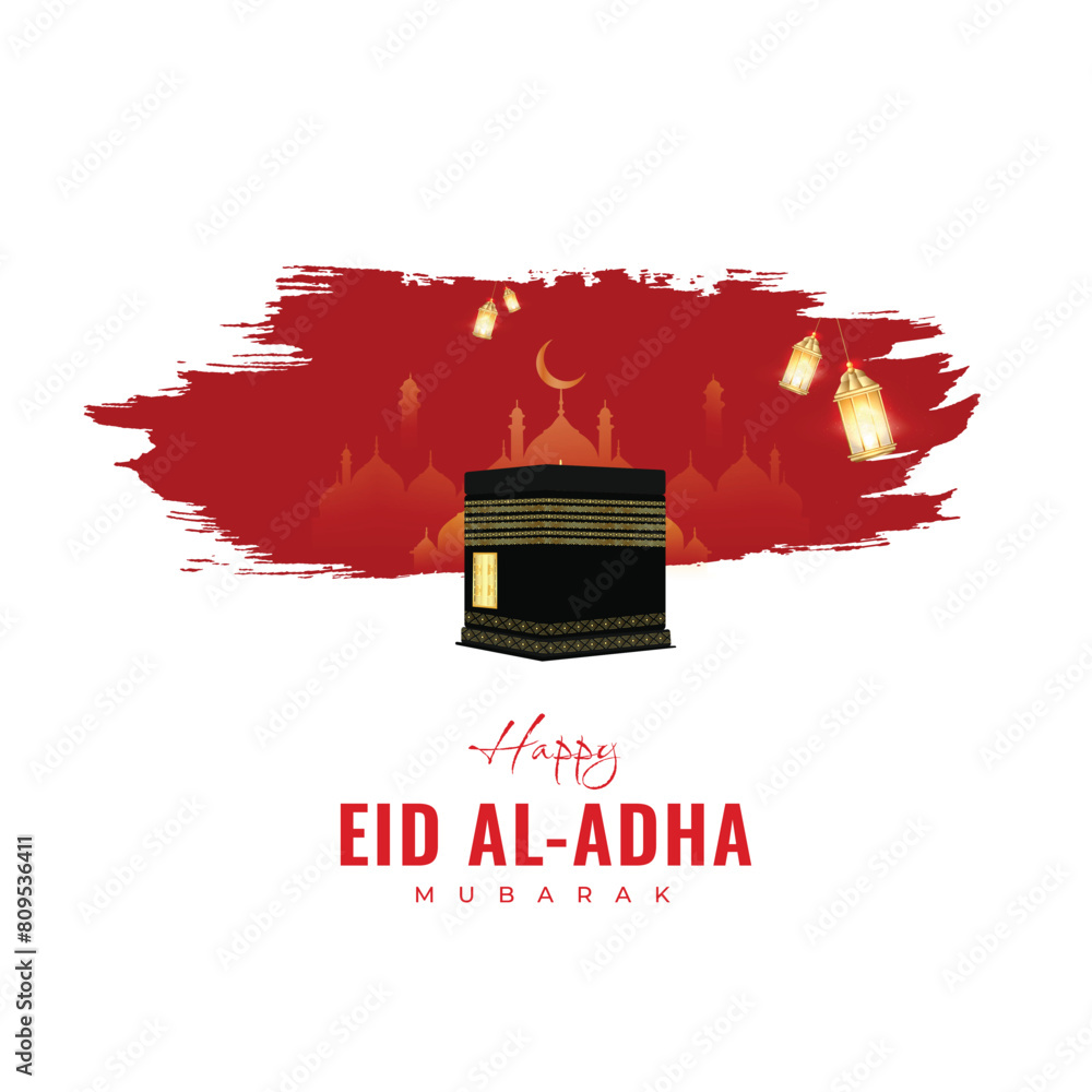 Wall mural bakrid eid al adha festival wishes or greeting card or post design with mosque, kaaba, red watercolo