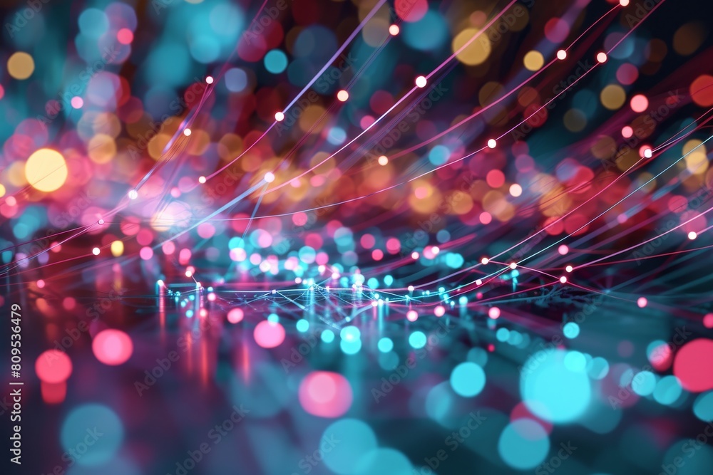 Poster Data flow concept background, Network security, Wave of dots, and weave lines. Abstract Background for design on the topic of cyberspace, AI generated