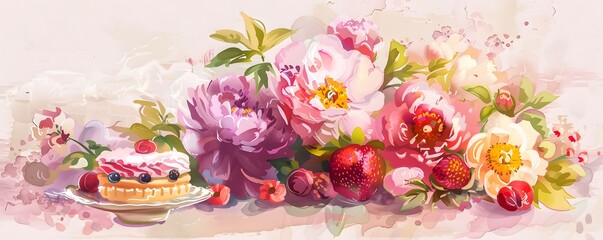 A lively depiction of wildflowers, peonies, and pastries in a cartoon watercolor style