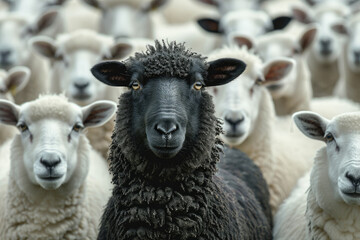 Fototapeta premium A black sheep among a flock of white sheep, raising head as a leader. Being different and unique with its own identity and special skills among the others