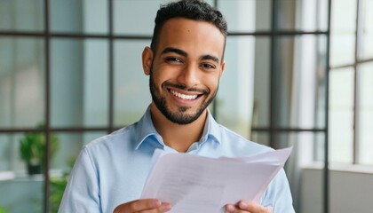 Happy young Latin business man checking financial documents in office. Smiling male professional account manager executive lawyer holding corporate tax bill papers standing at work
