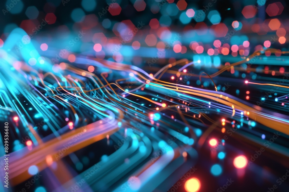 Poster Data flow concept background, Network security, Wave of dots, and weave lines. Abstract Background for design on the topic of cyberspace, AI generated