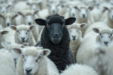 A black sheep among a flock of white sheep, raising head as a leader. Being different and unique with its own identity and special skills among the others